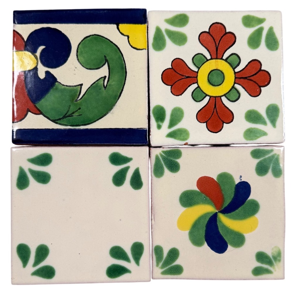 Set of 4 Assorted Mexican Talavera Ceramic Tiles Mixed Floral DIY Crafts Decor